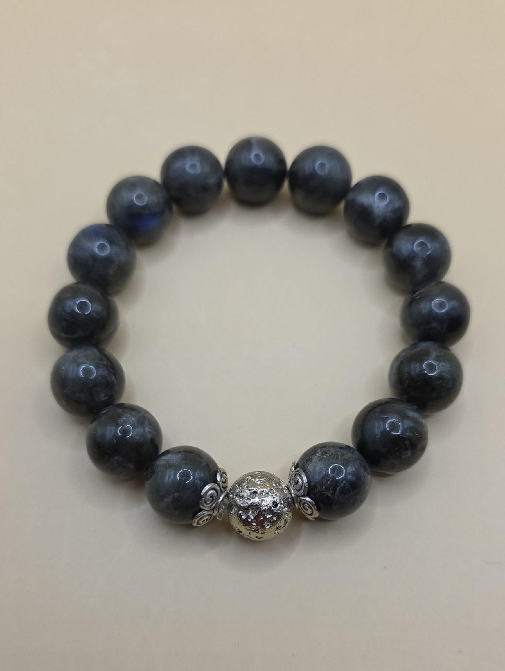 Gemstone Beaded Stretch Bracelet with Silver Lava Rock Accent
